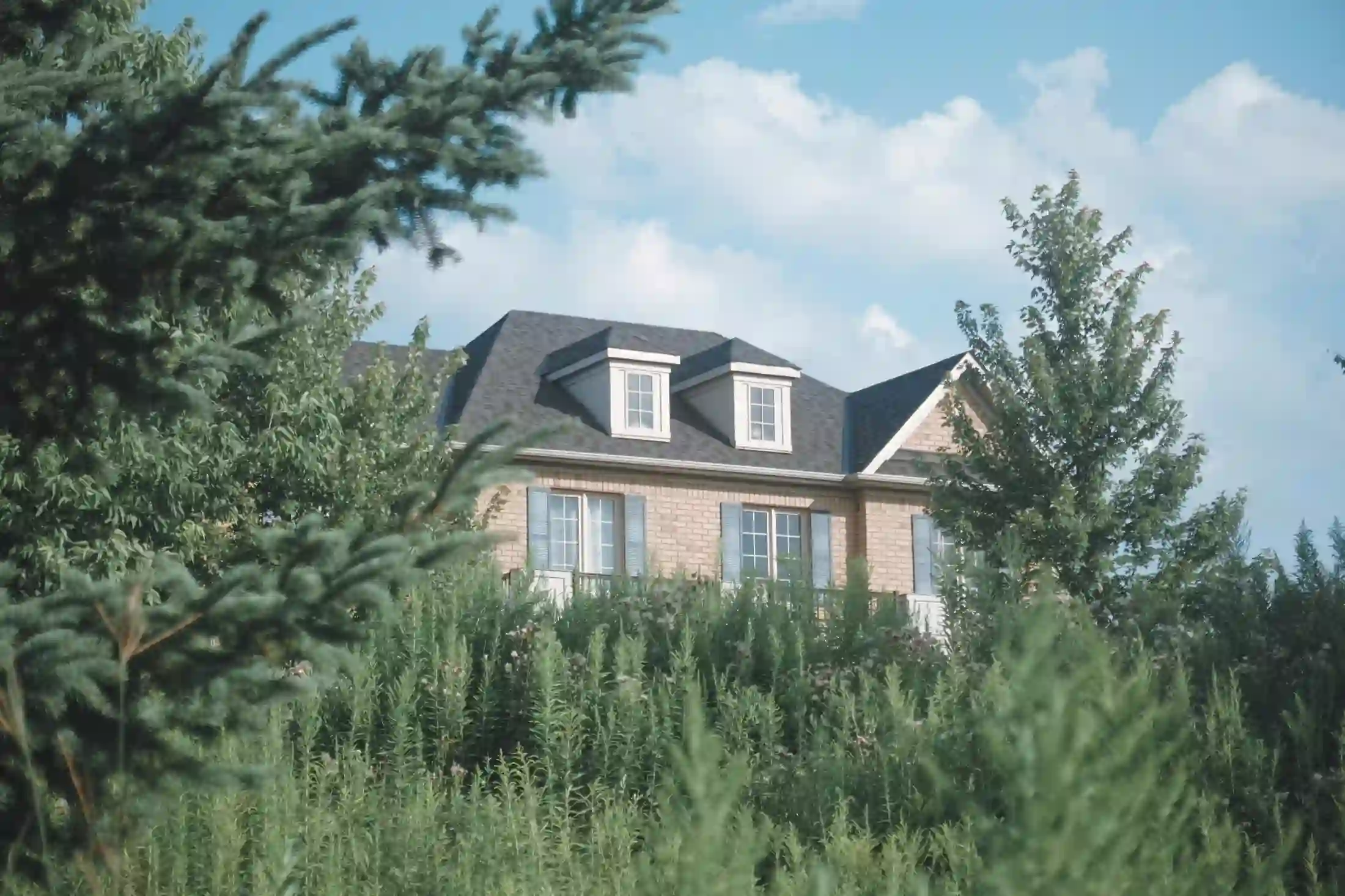 A newer home behind evergreen trees in a Bradford West Gwillimbury neighbourhood