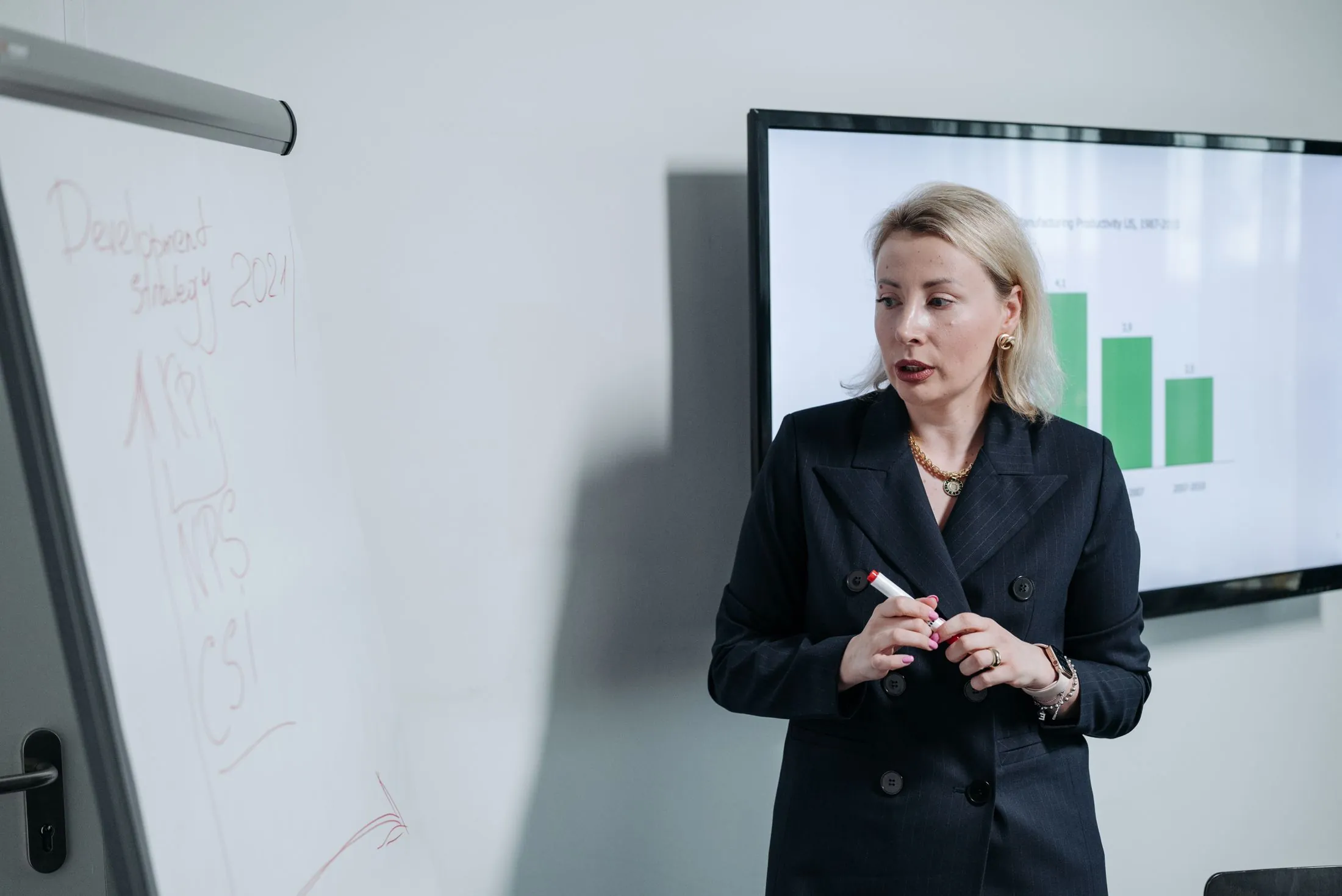 A consultant presenting a strategy, with charts on a screen behind her