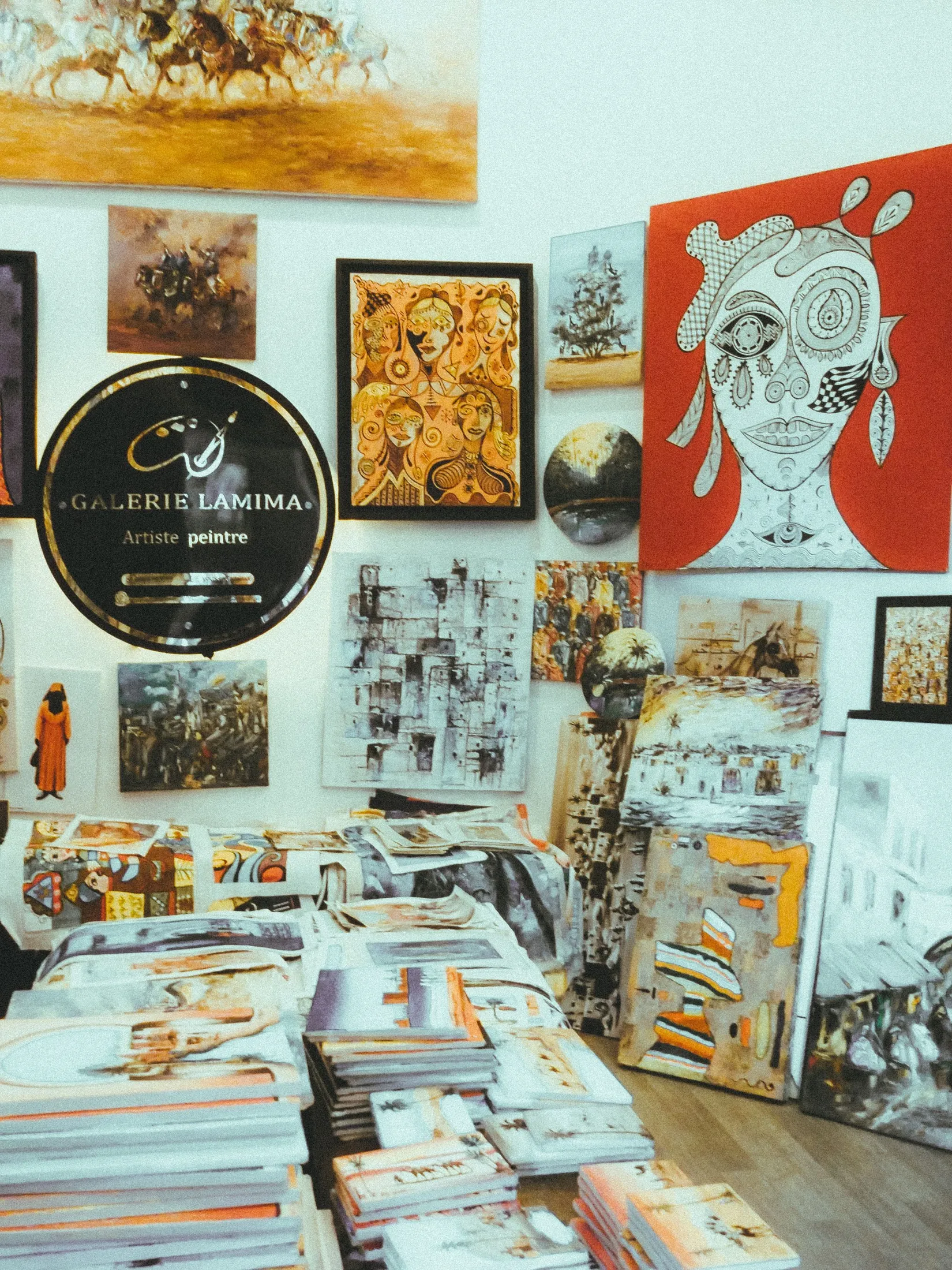A wall of colourful modern paintings in a gallery