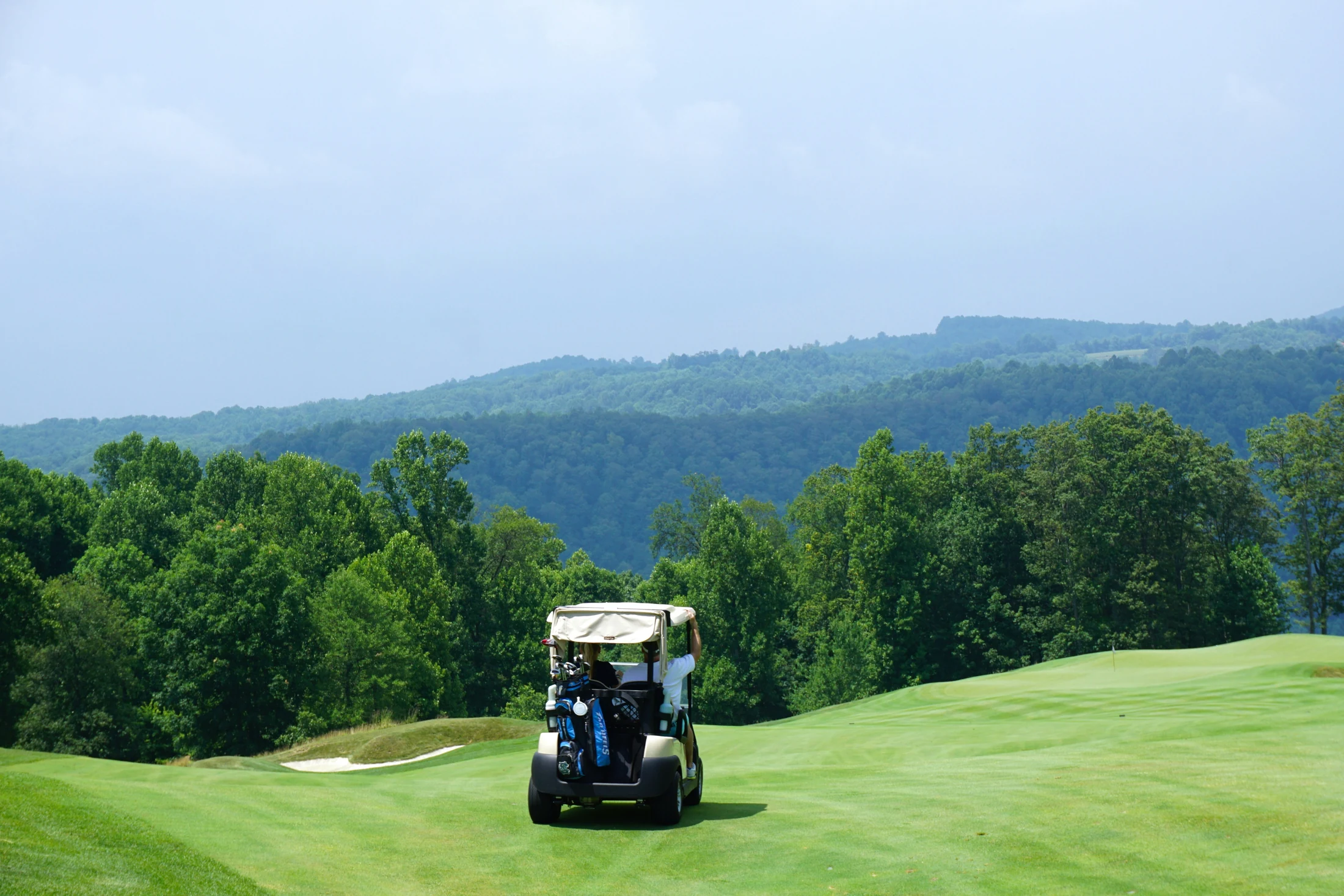 A golf cart parked on a green fairway with forested hills behind