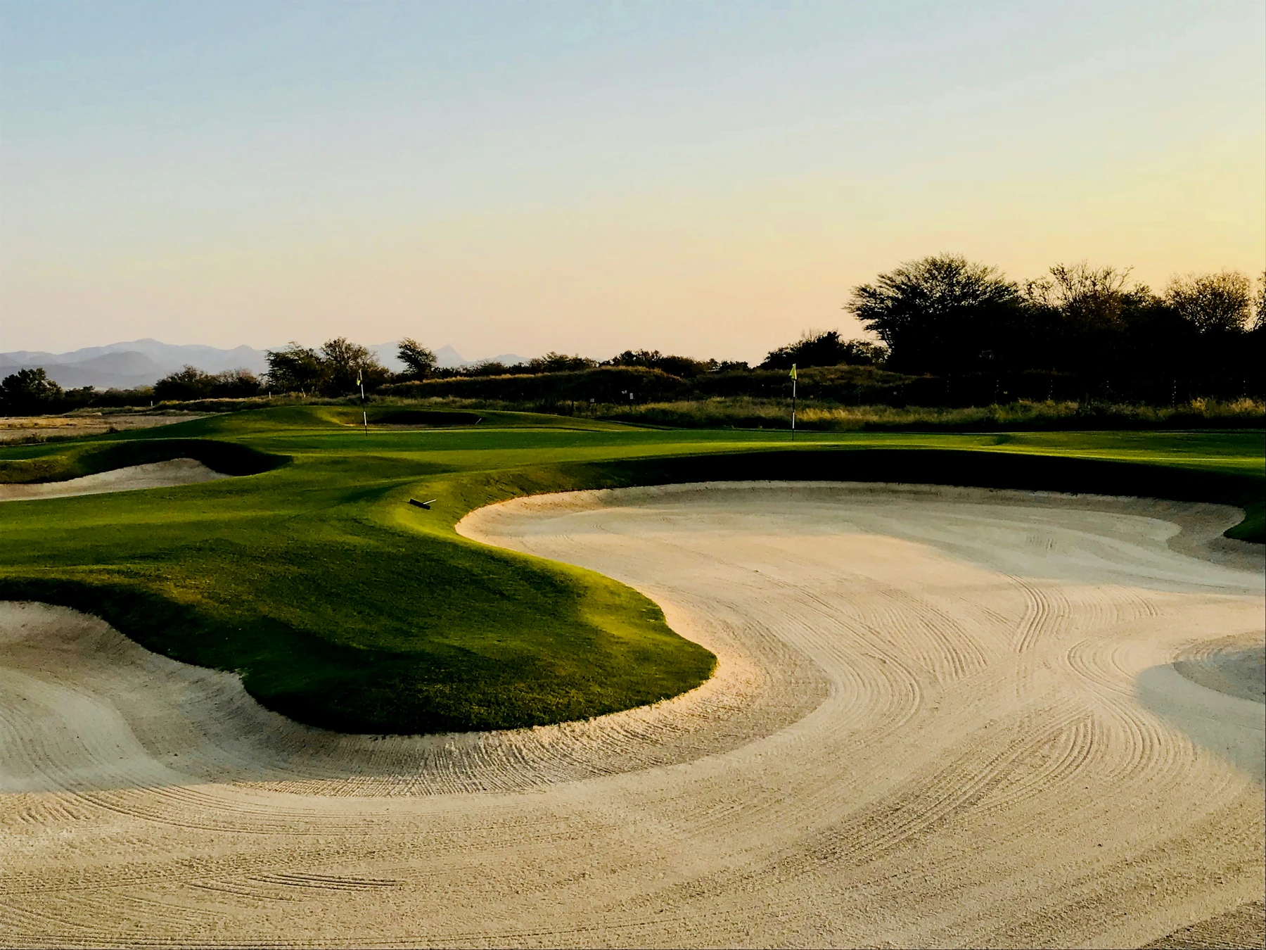 A sweeping sand bunker curling around a golf green at golden hour