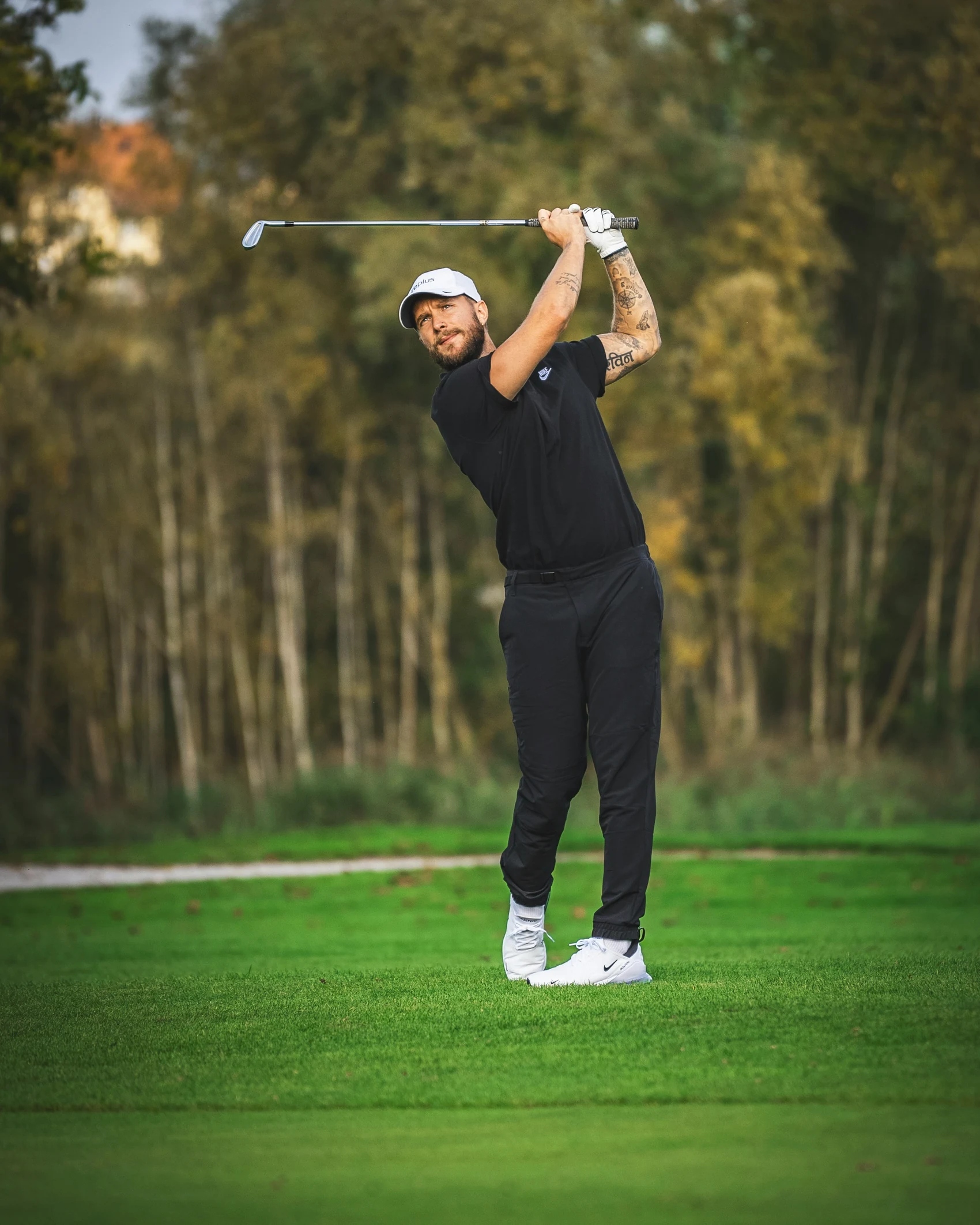 A golfer completing a swing on a sunlit fairway framed by tall trees