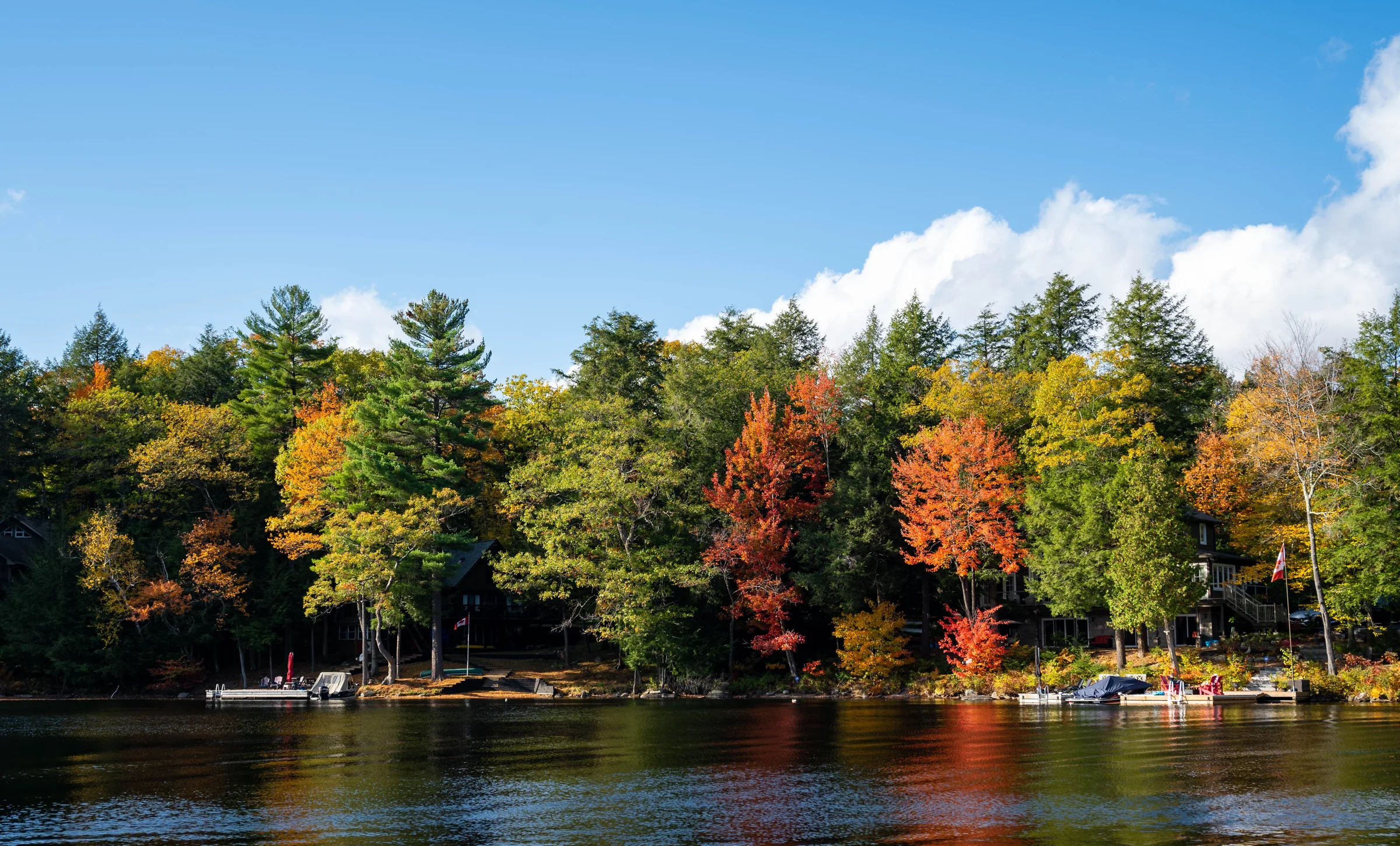 Lakeside cottages viewed from the water near Gravenhurst in fall colour