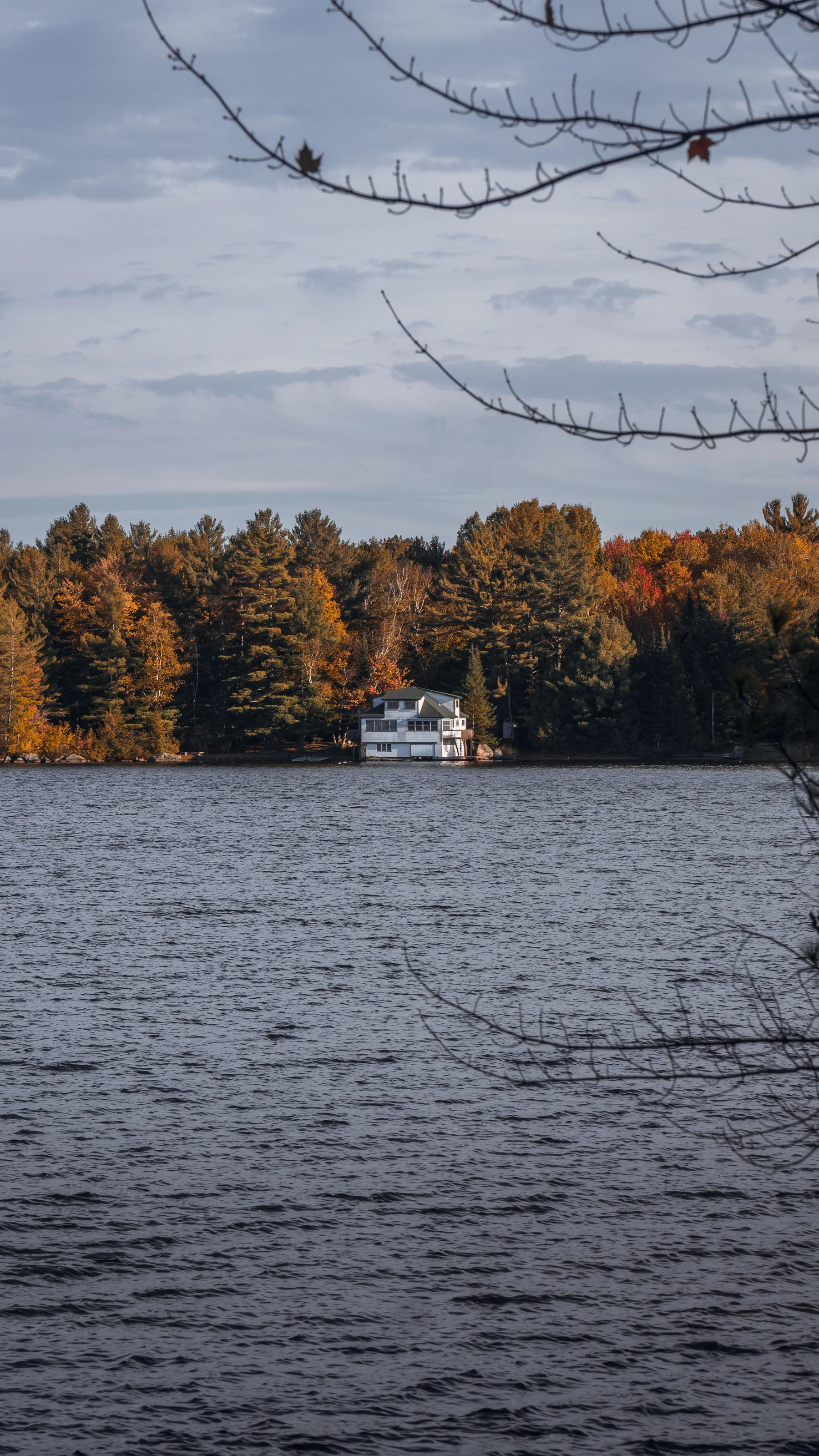 A boathouse on a lake near Huntsville, seen through branches in fall colour