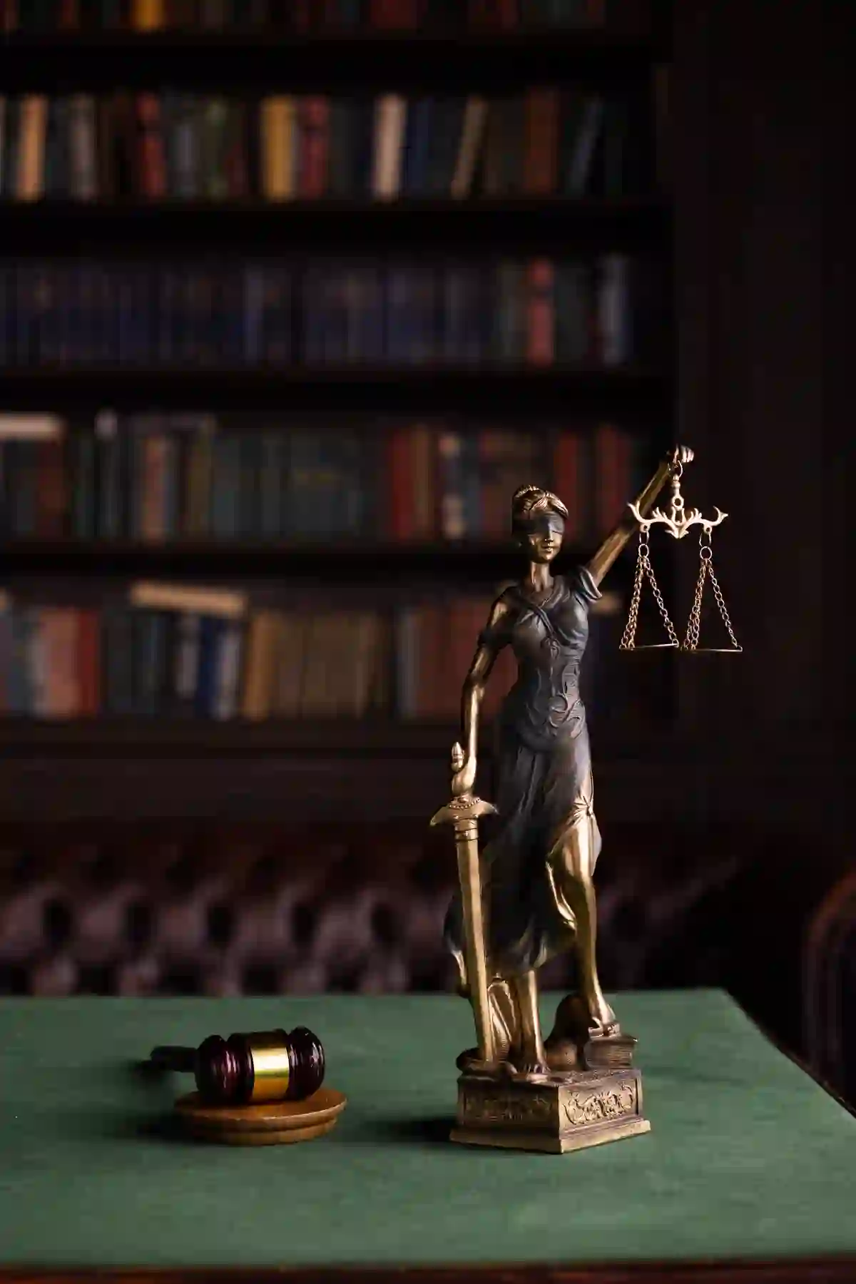 A bronze Lady Justice statue holding scales, bookshelf behind