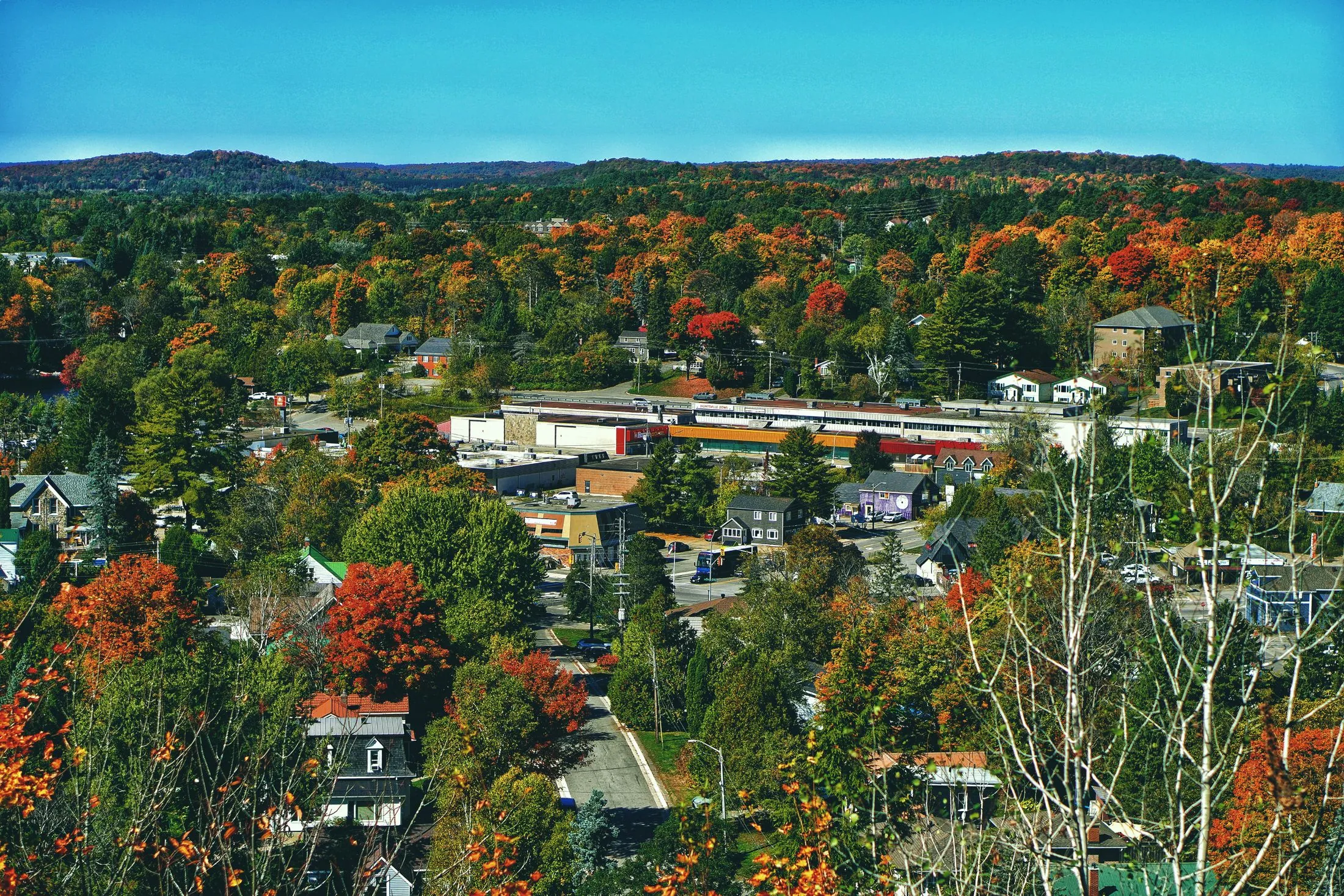 An aerial view of a village tucked into autumn forest, with hills beyond