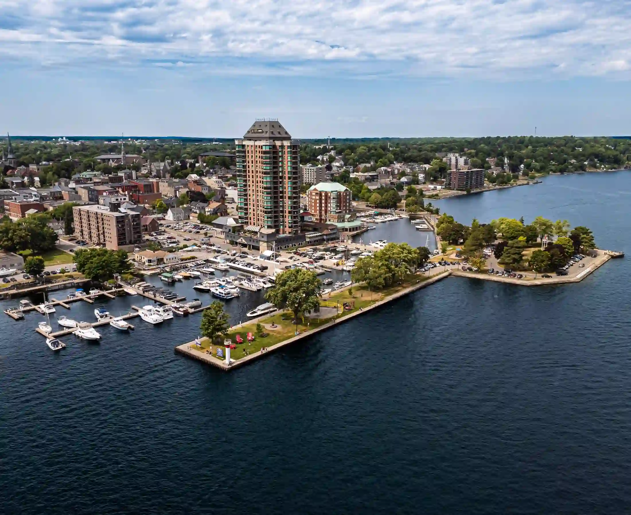 Aerial view of downtown Orillia's waterfront point on Lake Couchiching