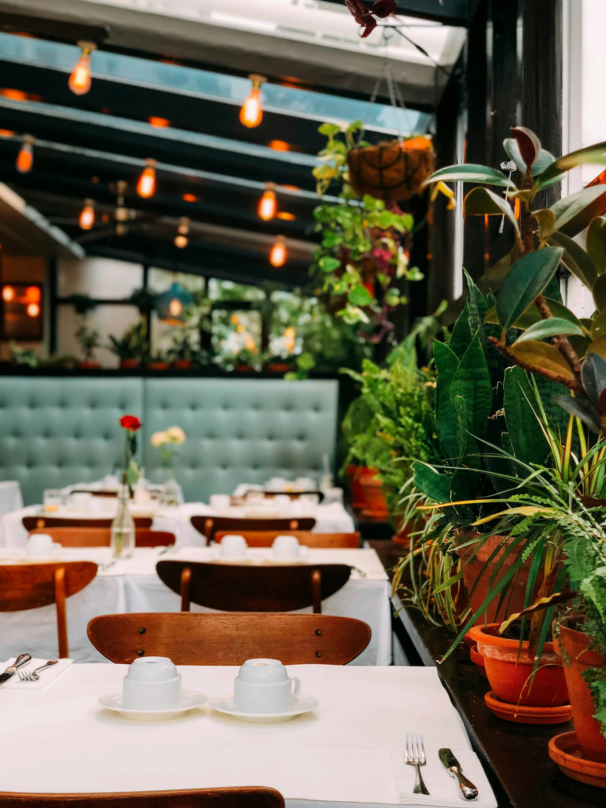An elegant patio dining table set for two, surrounded by plants