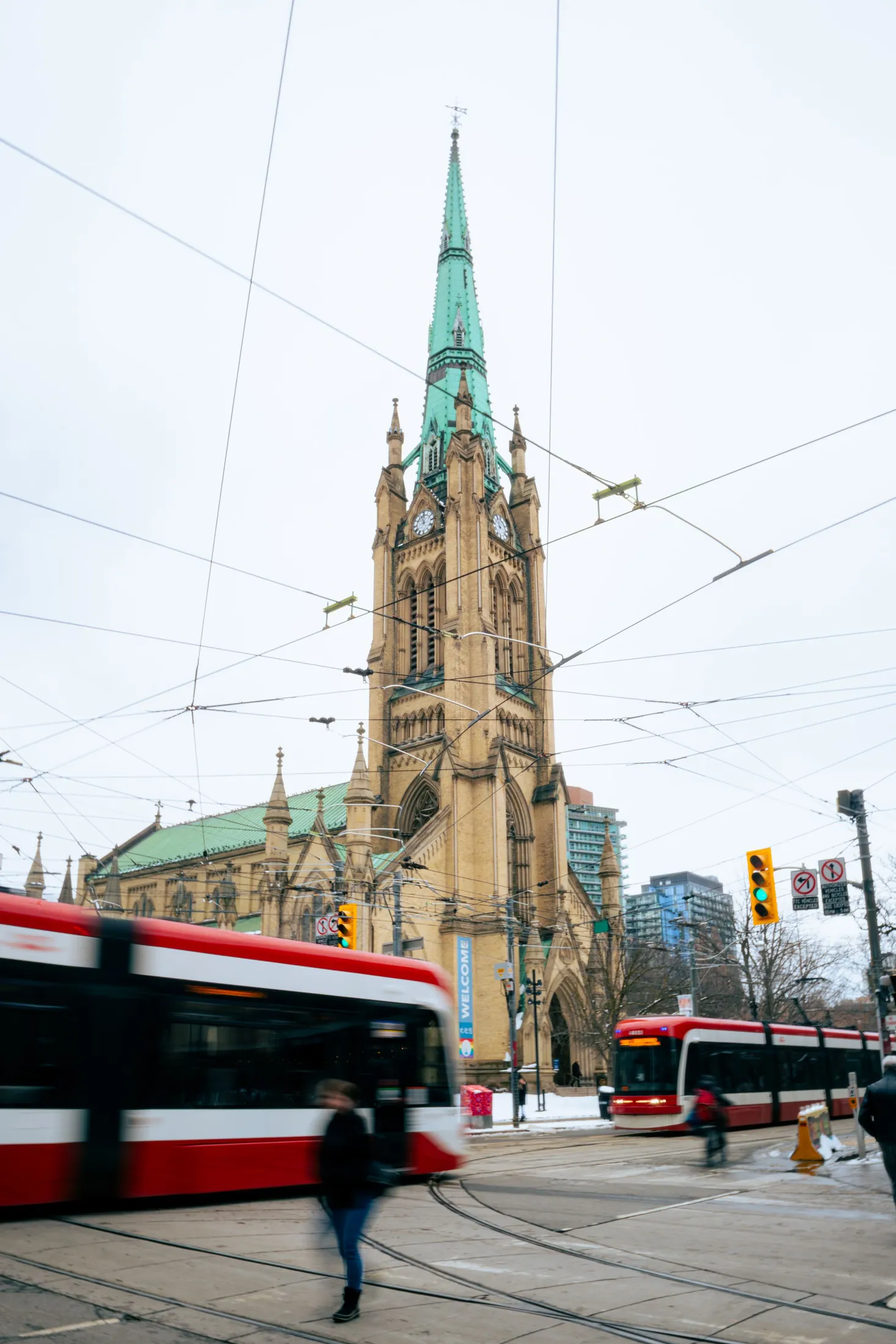 St. James Cathedral in downtown Toronto, with a streetcar passing below