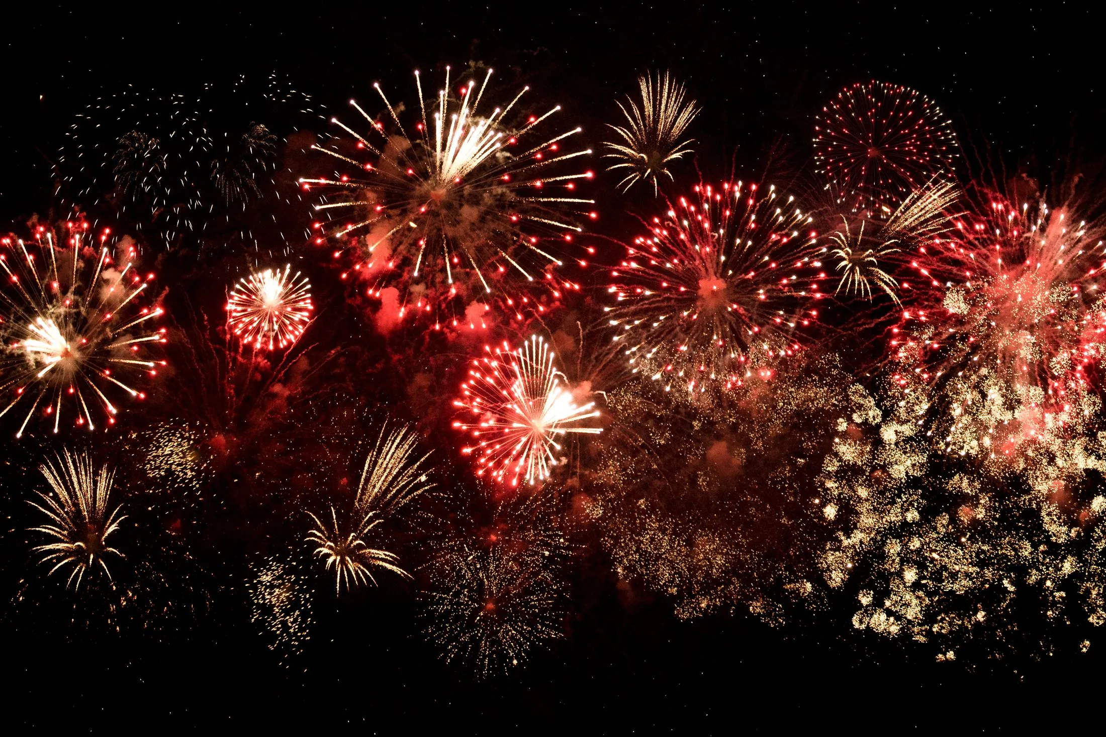 Red and gold fireworks bursting against a night sky