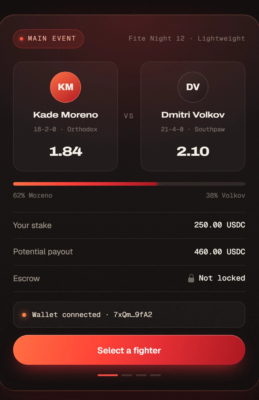 The Main Event betting ticket: odds, stake, payout and escrow status