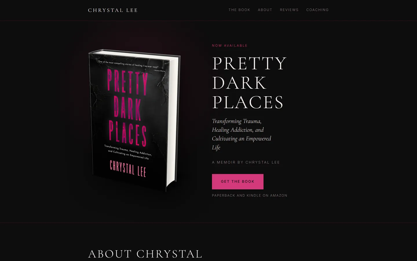 Pretty Dark Places: a memoir hero with the book cover and a pull quote